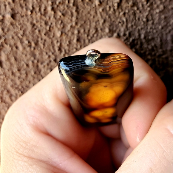 New Yellow Black Fire Agate Oblong Pendant. - Picture 3 of 16